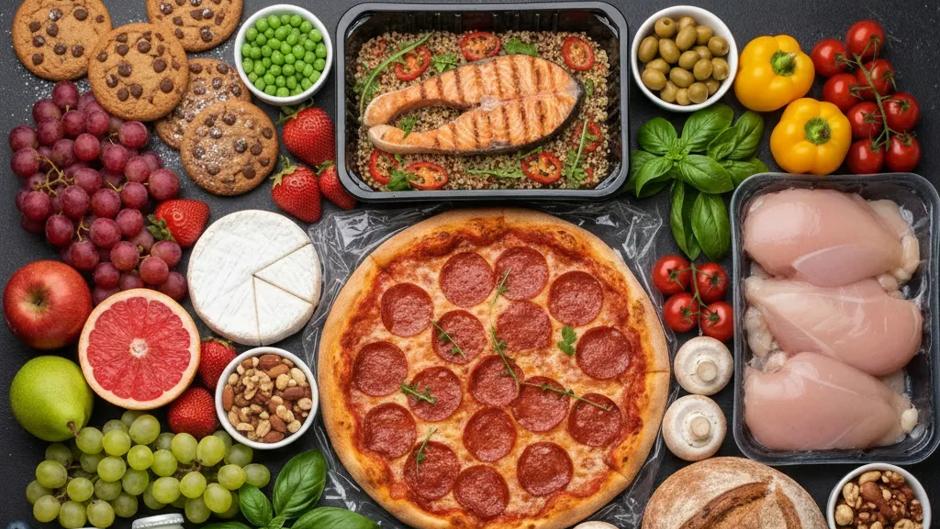 A colorful arrangement of diverse foods, including a pepperoni pizza, fresh fish, shrimp, chicken, vegetables, fruits, cookies, and milk bottles.