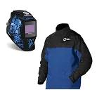 Miller welding helmet and flame-retardant jacket product images