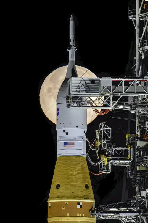 The NASA Artemis II SLS rocket on the launchpad at night; Airgas provides the high-pressure nitrogen and ground support equipment critical for this mission's launch operations.
